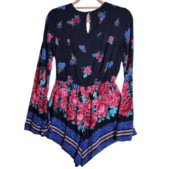Forever 21 Black Floral Boho Lined Bell Sleeves Romper Women Size S - Picture 4 of 11